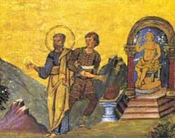 Pope Marcellinus offering incense with Saint Peter behind him.